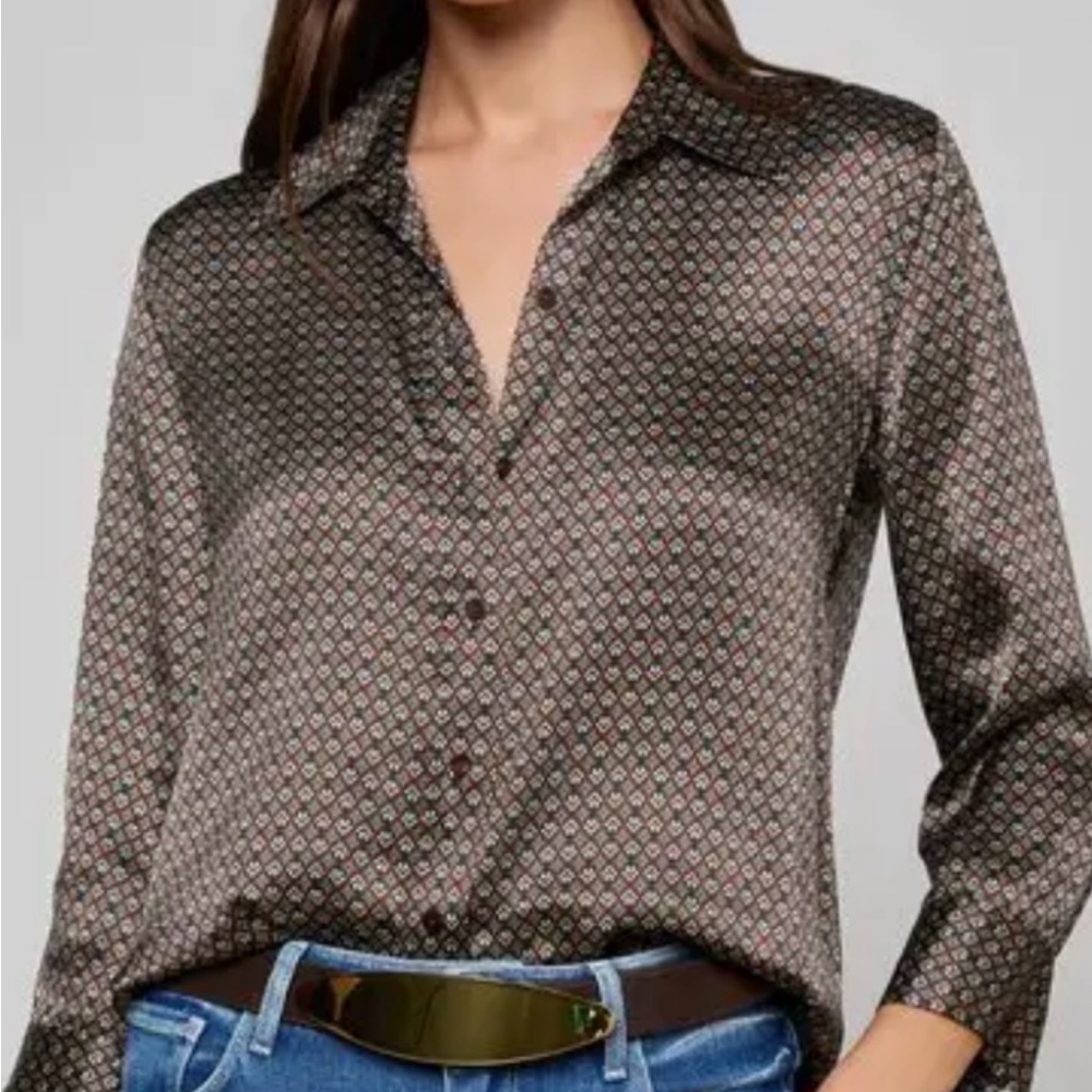 L'AGENCE Brown Geometric Silk Button-Down Blouse